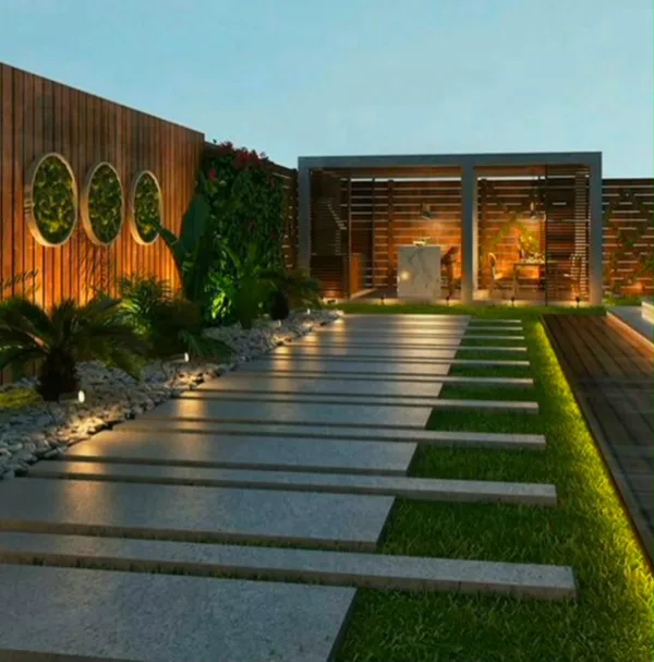 Garden Walkway with stepping stones and lights