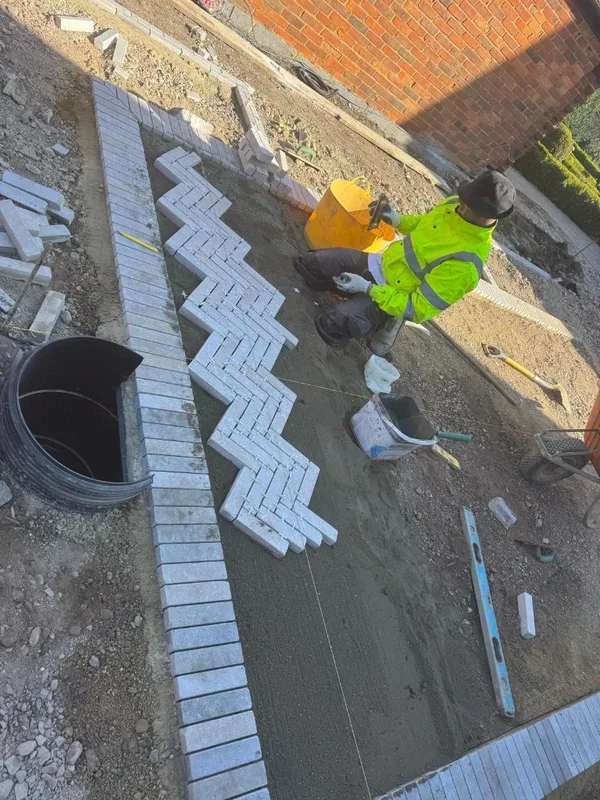 Paving blocks laying work close-up