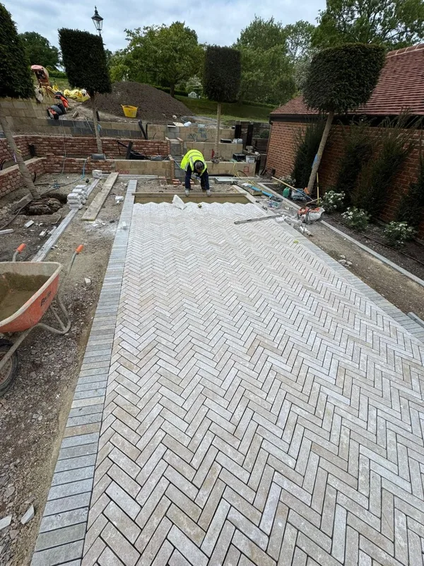 Finished herringbone paved driveway